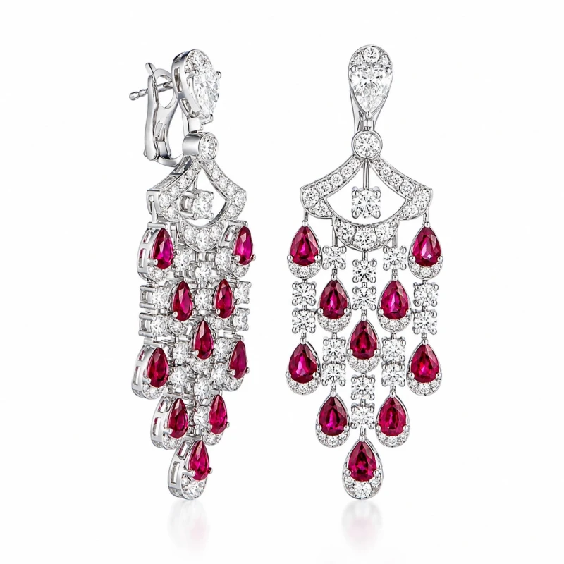 PEAR RUBY 7.00 CT & DIAMONDS 6.92 CT EARRINGS
