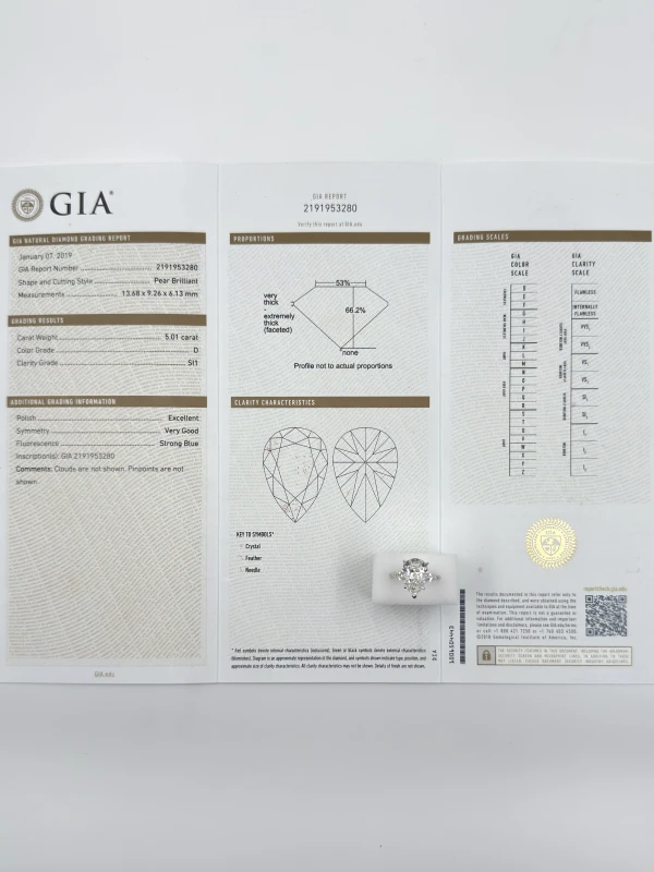 No name PEAR DIAMOND 5.01 CT D/SI1 RING (SIZE 52) GIA 280-NN5.01 5