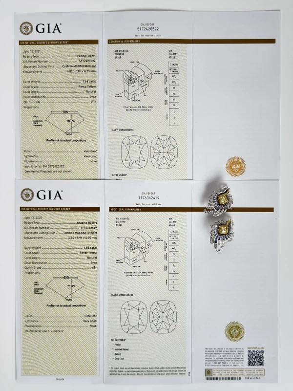 Earrings without a brand CUSHION DIAMONDS 1.53-1.66 CT FANCY YELLOW/VS NN1.53-1.66 CT FY/VS 6