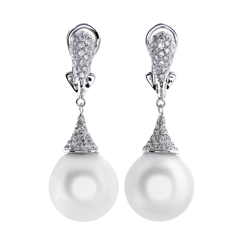 PEARL 15.21 - 15.26 MM & DIAMOND EARRINGS
