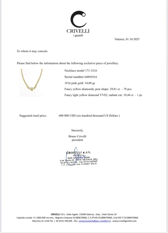 CRIVELLI FANCY YELLOW DIAMONDS 40.25 CT NECKLACE 171-3216 2