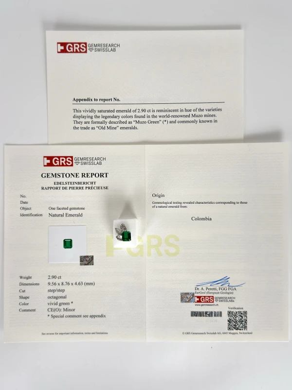 DeRosa COLOMBIA EMERALD 12.26 - 2.90 - 3.45 CT MUZO GREEN SET (GRS) R150140/E501702 6