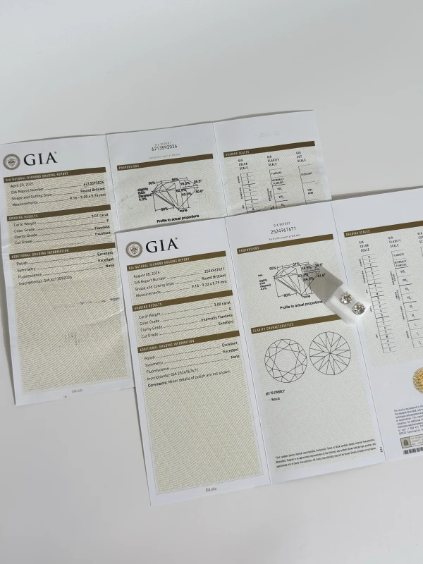 Earrings without a brand ROUND DIAMOND 3.01-3.00 CT F-G/FLAWLESS-INTERNALLY FLAWLESS EARRINGS (GIA) EXEXEX nn3.01-3.00 F-G/FL-IF 3