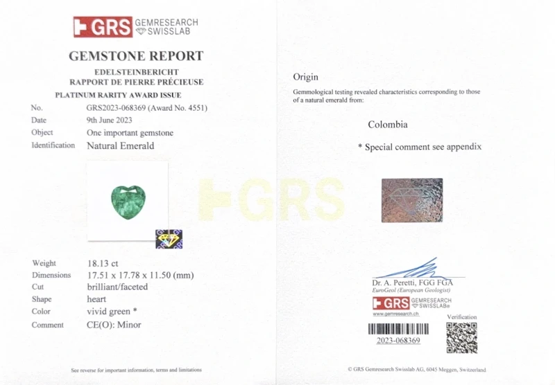No name COLOMBIA EMERALD 18.13 CT VIVID GREEN RING (PLATINUM GRS, GUBELIN) EM 18.13CT 2