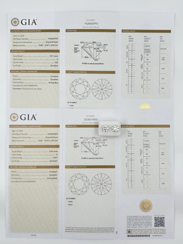 No name ROUND DIAMONDS 5.06 - 5.01 CT G/VVS-VS EXEXEX (GIA) NN5.06-5.01 6