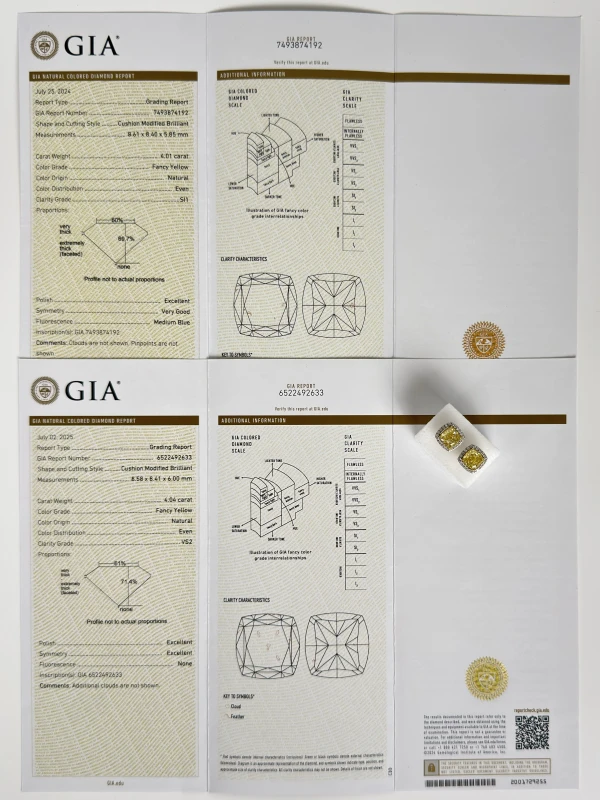 No name CUSHION DIAMOND 4.04 - 4.01 CT FANCY YELLOW/VS2-SI1 EARRINGS (GIA) NN4.04-4.01 6