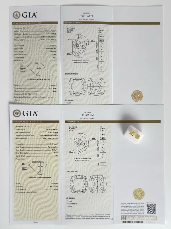No name CUSHION DIAMOND 3.01 - 3.01 CT FANCY YELLOW/VS2 EARRINGS (GIA) NN3.01-3.01FY 6
