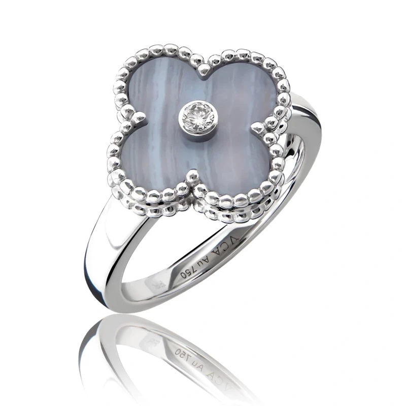 VINTAGE ALHAMBRA RING, WHITE GOLD, CHALCEDONY, ROUND DIAMOND (SIZE 53)