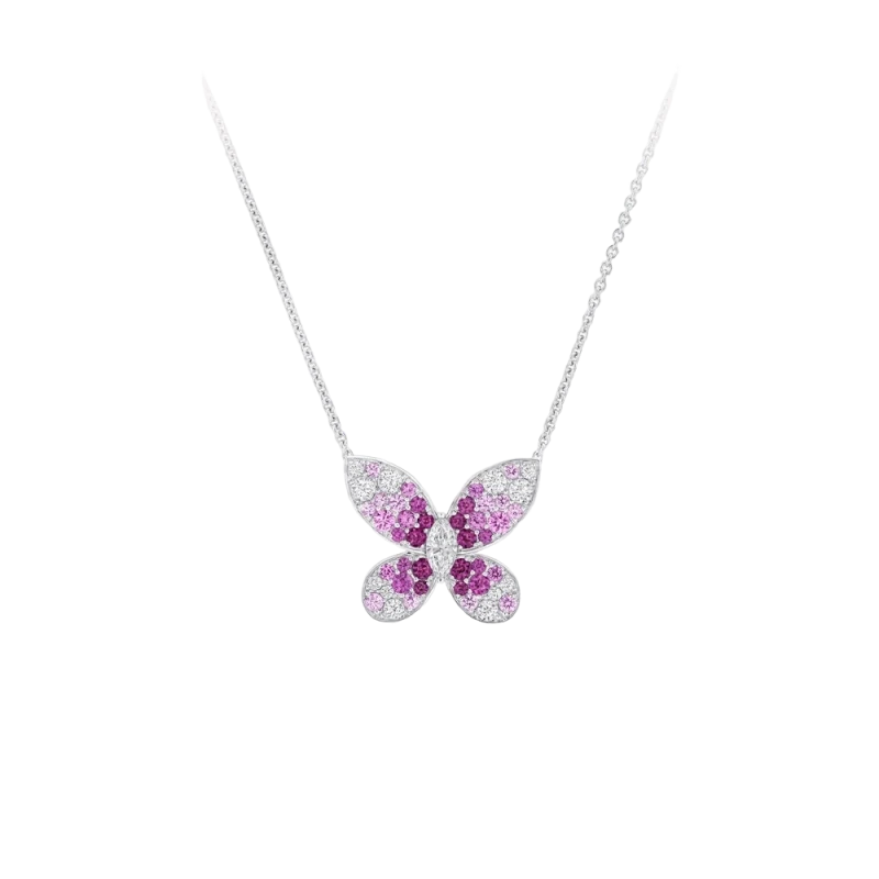 Butterfly Ultra Small Necklace Studded with Sapphire, Rose Sapphire and Diamonds