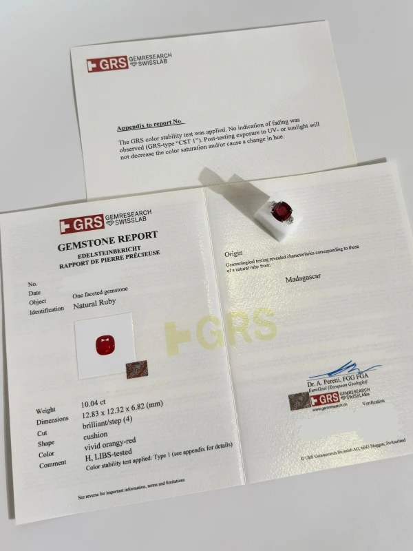 Earrings without a brand CUSHION RUBY 10.04 CT VIVID ORANGY-RED RING (SIZE 50) GRS ruby10.04ct 5