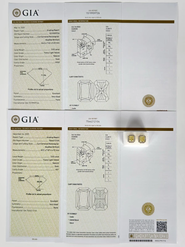No name DIAMOND 3.02 - 3.02 CT FANCY LIGHT YELLOW/VVS2-VS1 EARRINGS (GIA) 7515-3.02-3.02 CT FLY 7