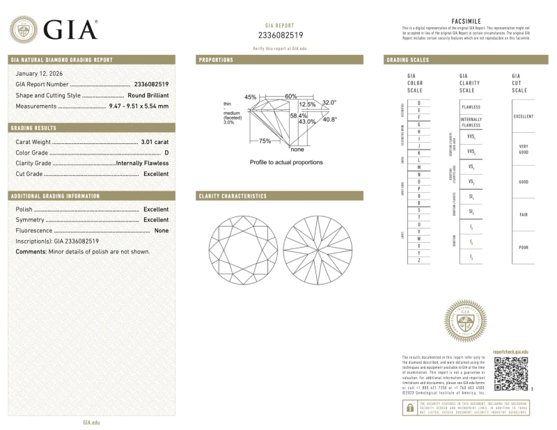 Earrings without a brand ROUND DIAMOND 3.01-3.02 CT D/INTERNALLY FLAWLESS EXEXEX EARRINGS (GIA) (TYPE IIA/TYPE IIB) NN3.01-3.02CT D/IF 2