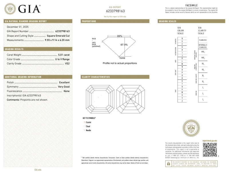 Earrings without a brand ASSCHER DIAMOND 5.01 CT U to V/VS2 RING (SIZE 51) GIA NN5.01 CT U-V/VS2 2