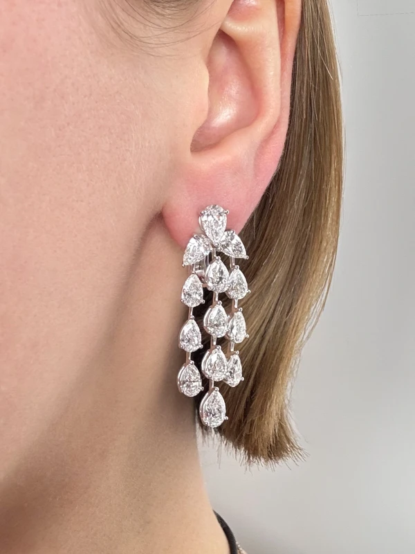 GRAFF Platinum White Pear Shape Diamond 13.49 ct Three Strand Earrings RGE933 2
