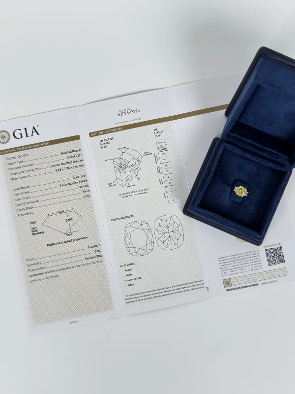 СЕРЬГИ NO NAME CUSHION DIAMOND 3.46 CT FANCY INTENSE YELLOW/VVS2 RING (GIA) NN3.46CT 7