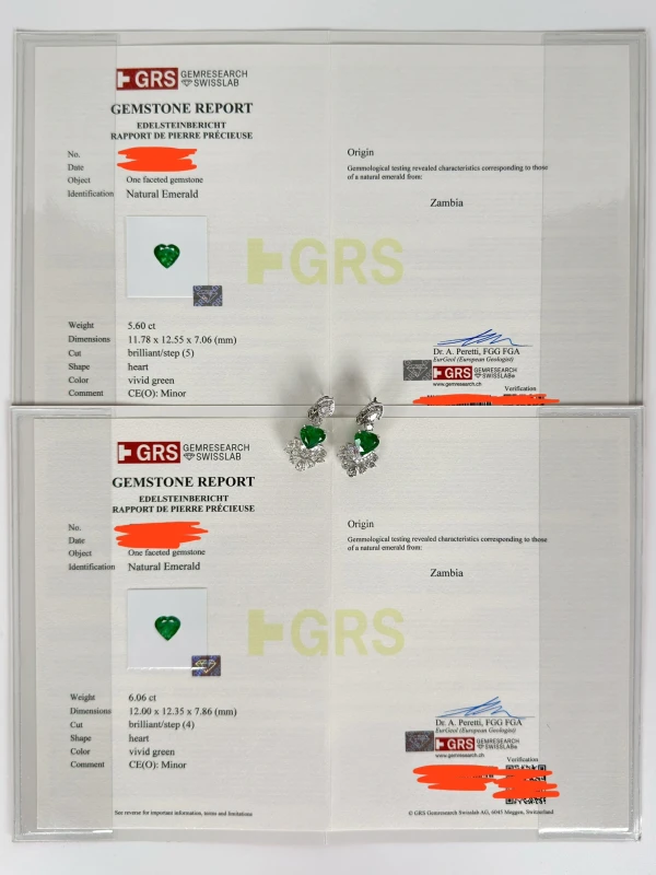 Earrings without a brand HEART EMERALD 5.60-6.06 CT VIVID GREEN EARRINGS (GRS) EM 5.60-6.06 CT 6
