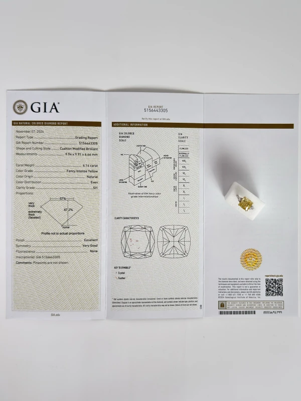 СЕРЬГИ NO NAME CUSHION DIAMOND 6.14 CT FANCY INTENSE YELLOW/SI1 RING (GIA) SIZE 52 515305 5