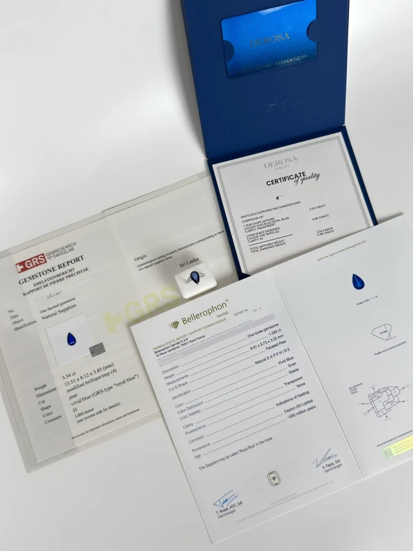 DeRosa PEARSHAPE SAPPHIRE 3.54 CT "ROYAL BLUE" RING, SRI LANKA (SIZE 53) GRS R206532 5
