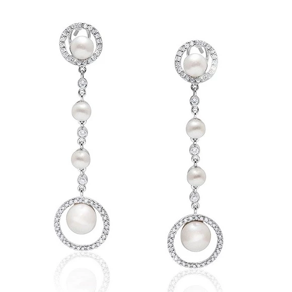WHITE PEARLS AND ROUND DIAMOND PAVE EARRINGS 