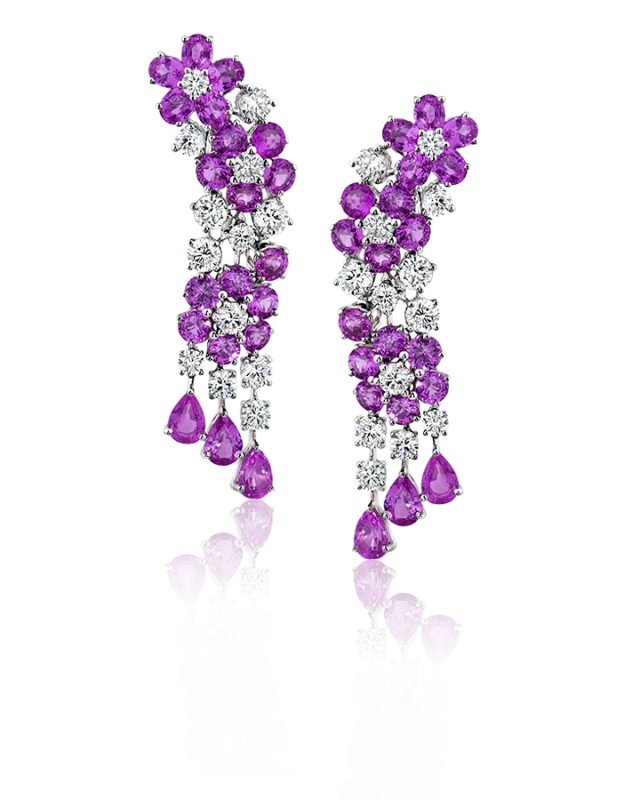 Pink Multi Shape Sapphires Earrings With White Round Diamonds