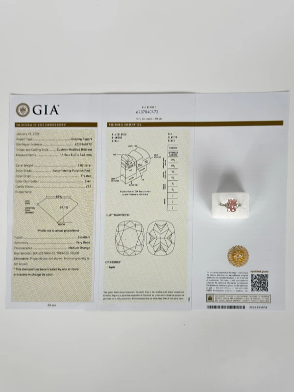 No name CUSHION DIAMOND 5.02 CT FANCY INTENSE PURPLISH PINK*/VS2 RING (GIA) nn5.02 FIPP/VS2 6