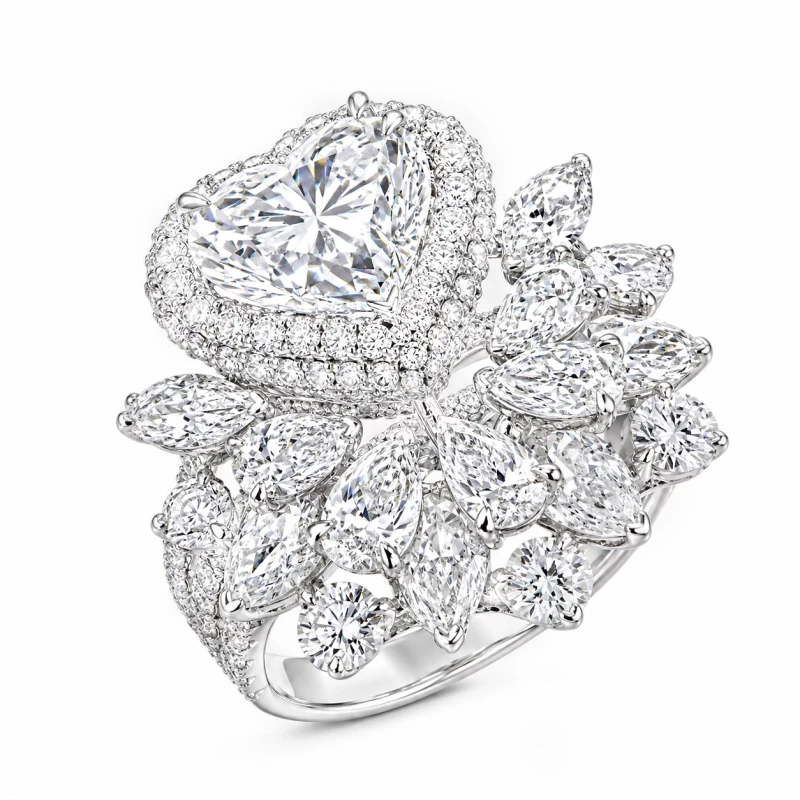 HEART DIAMOND 2.03 CT G/VS2 & MIXCUT DIAMONDS 3.25 CT F-G/VS2 RING (SIZE 51) GIA