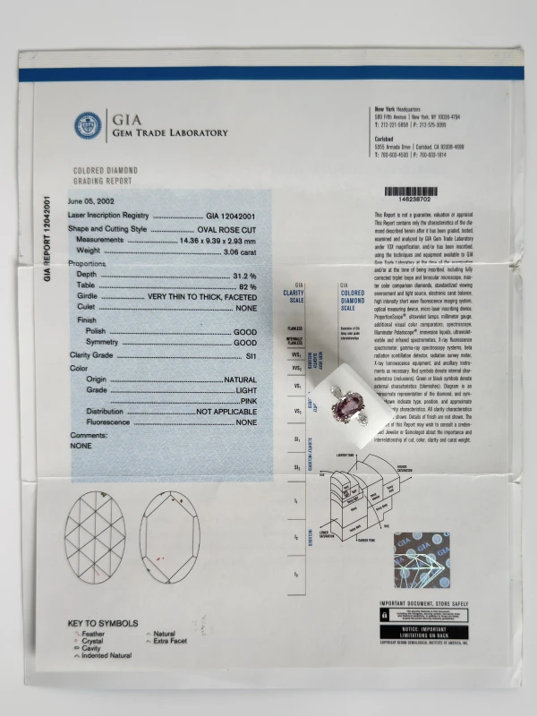 СЕРЬГИ NO NAME КОЛЬЦО С БРИЛЛИАНТОМ 3.06 CT LIGHT PINK/SI1 3.06 CT LIGHT PINK/SI1 5