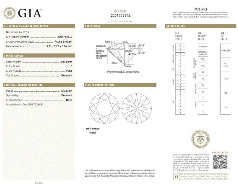 Earrings without a brand ROUND DIAMOND 3.00 CT E/VVS1 RING (SIZE 51) GIA EXEXEX nn3.00ct e/vvs1 2