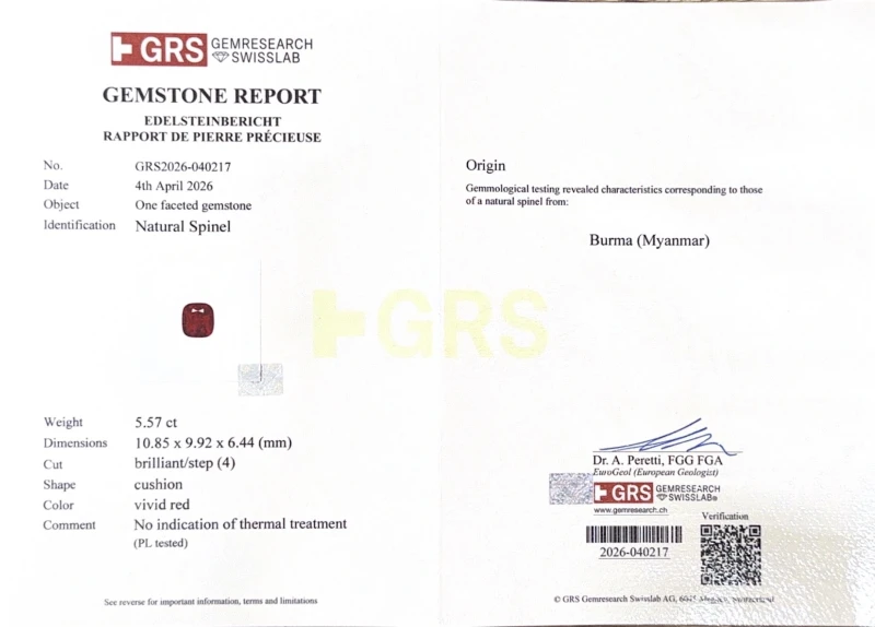 No name CUSHION SPINEL 5.46-5.57 CT VIVID RED  (BURMA) & OVAL DIAMONDS 6.97 D-E/VVS2-VS2 EARRINGS (GRS/GIA) nnS4.46-5.57ct 4
