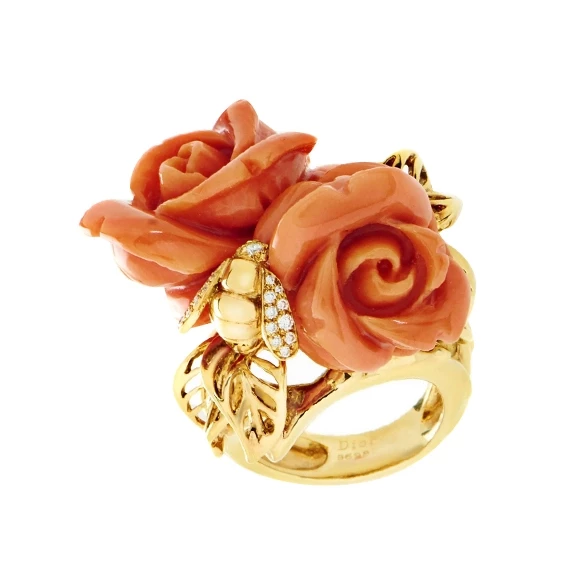 DIOR PRE CATEIAN CORAL DIAMOND GOLD ROSE RING