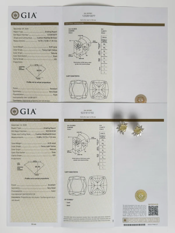 СЕРЬГИ NO NAME CUSHION DIAMONDS 8.35-8.09 CT FANCY LIGHT YELLOW/VS1 EARRINGS (GIA) NN 8.35-8.09 CT 6