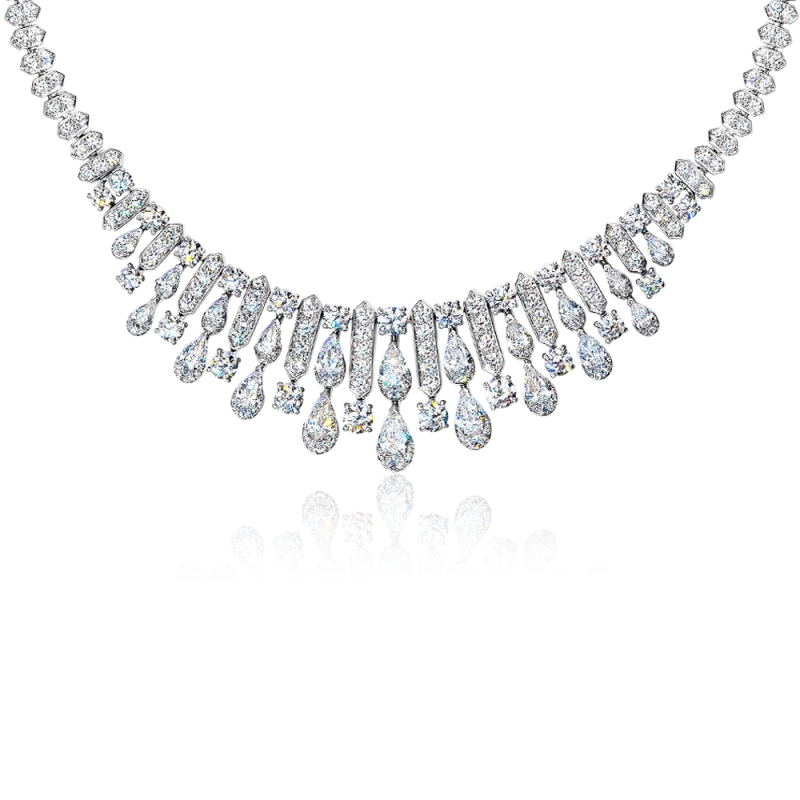 WHITE ROUND, PEAR SHAPE AND BAGUETTE DIAMOND FRINGE NECKLACE 29,85 CT