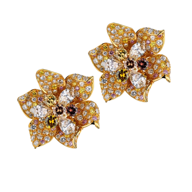 FLOWER EARRING SET WITH WHITE, YELLOW, PINK AND BROUWN DIAMONDS