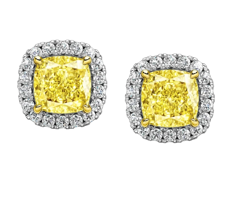 CUSHION DIAMOND 4.04 - 4.01 CT FANCY YELLOW/VS2-SI1 EARRINGS (GIA)