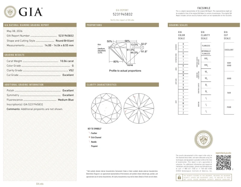 Earrings without a brand ROUND DIAMOND 10.06 CT G/VS2 RING (SIZE 51) GIA EXEXEX NN10.06CT G/VS2 2