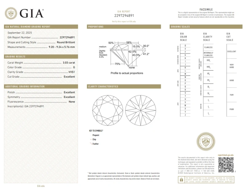 No name ROUND DIAMOND 3.03 CT G/VVS1 RING (GIA) EXEXEX 891-NN3.03 2