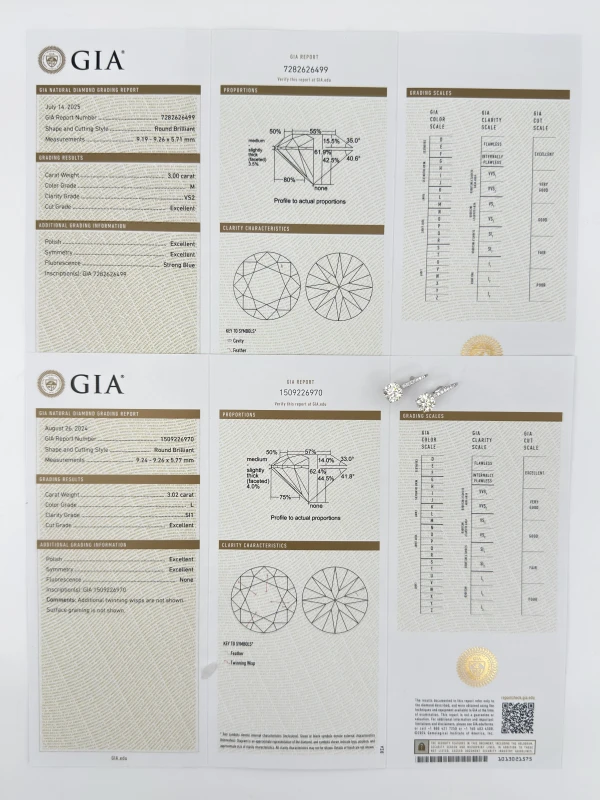 No name DIAMOND 3.02 CT L/SI1 - 3.00 CT M/VS2 EARRINGS EXEXEX (GIA) NN3.02-3.00 6