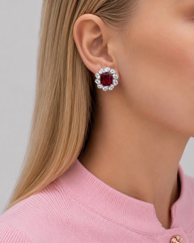 No name CUSHION SPINEL 5.46-5.57 CT VIVID RED  (BURMA) & OVAL DIAMONDS 6.97 D-E/VVS2-VS2 EARRINGS (GRS/GIA) nnS4.46-5.57ct 2