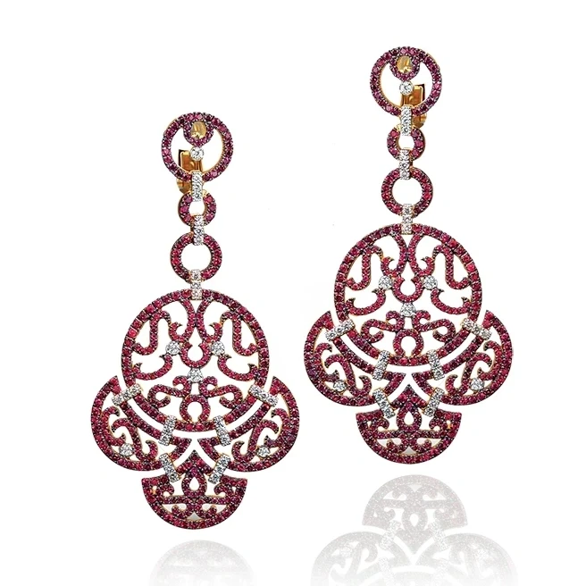 LACE, CHANDELIER EARRINGS, RUBIES, DIAMONDS, ROSE GOLD