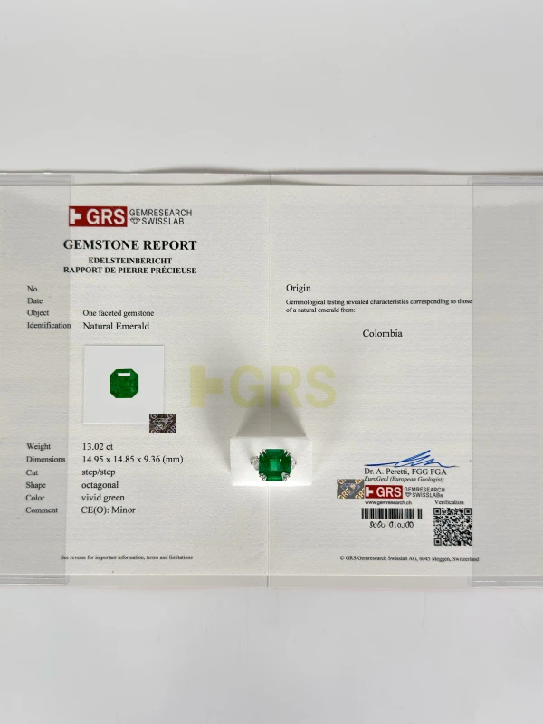 No name COLOMBIA EMERALD 13.02 CT "VIVID GREEN" RING (SIZE 51) GRS EM13.02 6