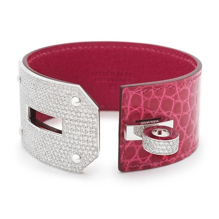 HERMES Hermes Kelly Diamond Fuchsia Crocodile Wide Cuff White Gold Bangle Bracelet (SIZE 15) Hermes1033 2