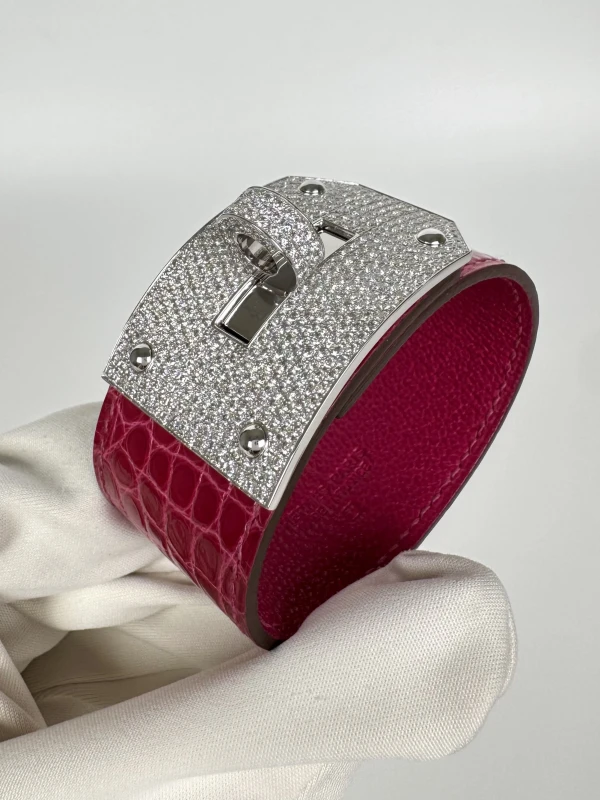 HERMES Hermes Kelly Diamond Fuchsia Crocodile Wide Cuff White Gold Bangle Bracelet (SIZE 15) Hermes1033 8