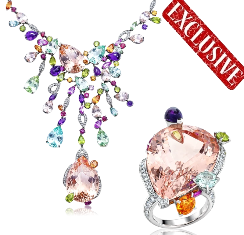 Cartier Cartier “Lagon”. Multi stones and diamonds necklace and ring set. CartierSet 1
