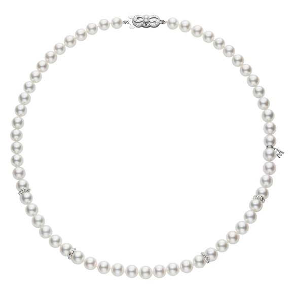 AKOYA CULTURED PEARL AND DIAMOND RONDELLS NECKLACE IN 18K WHITE GOLD
