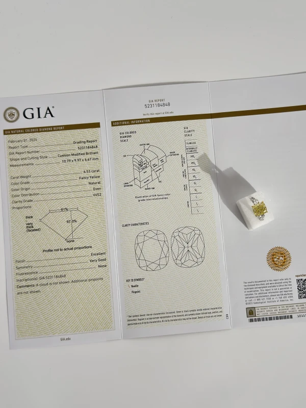 No name CUSHION DIAMOND 6.53 CT FANCY YELLOW/VVS2 RING (SIZE 50) GIA nn6.53ct 5