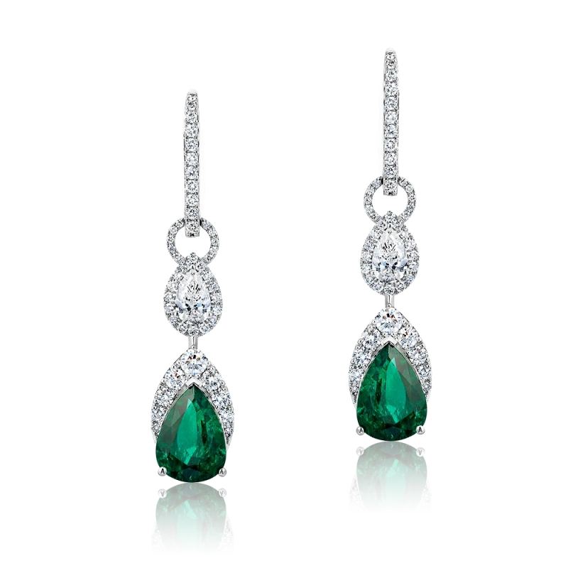 PEAR EMERALD 5.10-4.20 CT VIVID TO DEEP GREEN EARRINGS (GUILD)