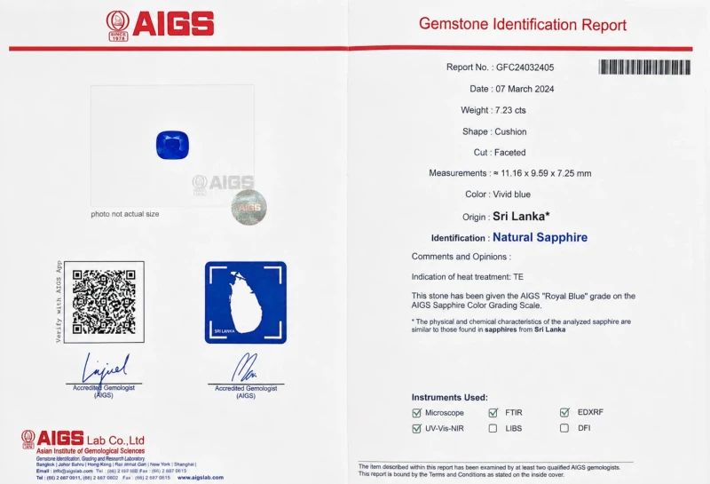 Earrings without a brand CUSHION SAPPHIRE 7.23 CT "ROYAL BLUE" RING, SRI LANKA (SIZE 53) AIGS sap7.23ct 2