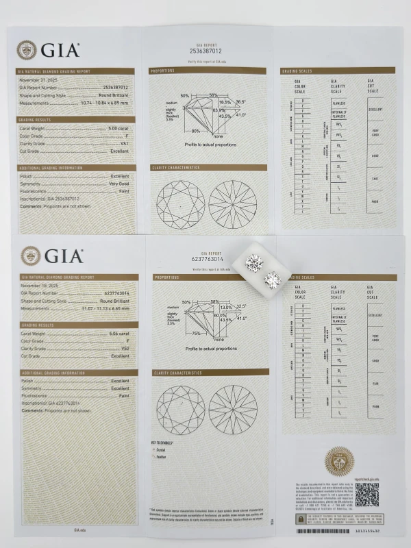 Earrings without a brand ROUND DIAMOND 5.06 - 5.00 CT F/VS1-VS2 EARRING (GIA) NN5.06-5.00 8