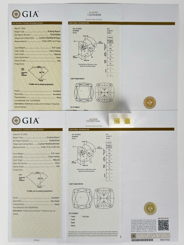 Earrings without a brand CUSHION DIAMOND 5.01-5.01 CT FANCY YELLOW/VS2 EARRINGS (GIA) nn5.01-5.01ct FY/VS2 8