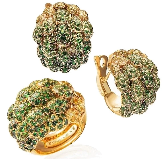 DOME, TSAVORITES AND YELLOW SAPPHIRES SET, PINK GOLD